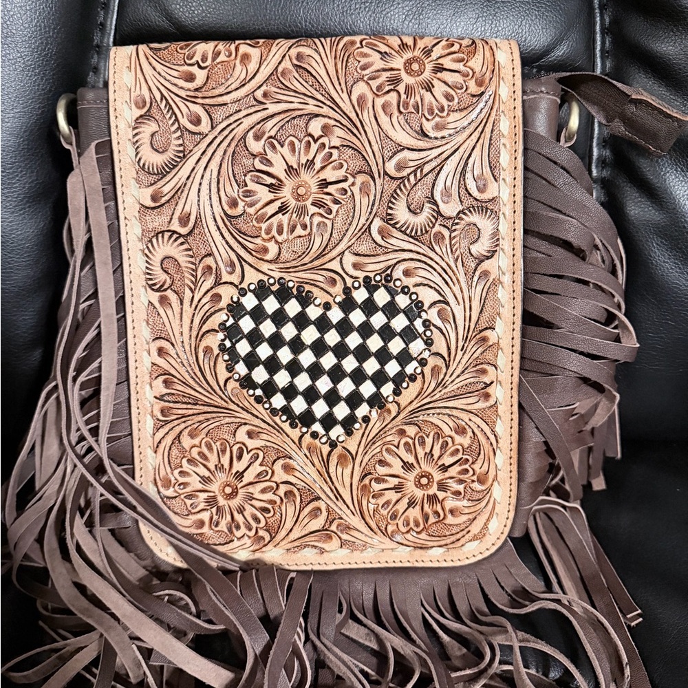 Brown Fringed Leather Bag with Heart Design